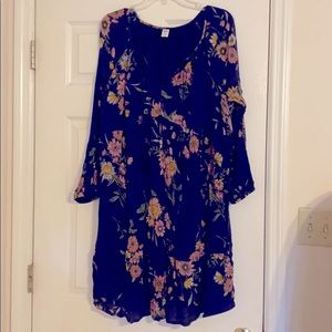 Navy Floral Flowy Long Sleeved Dress